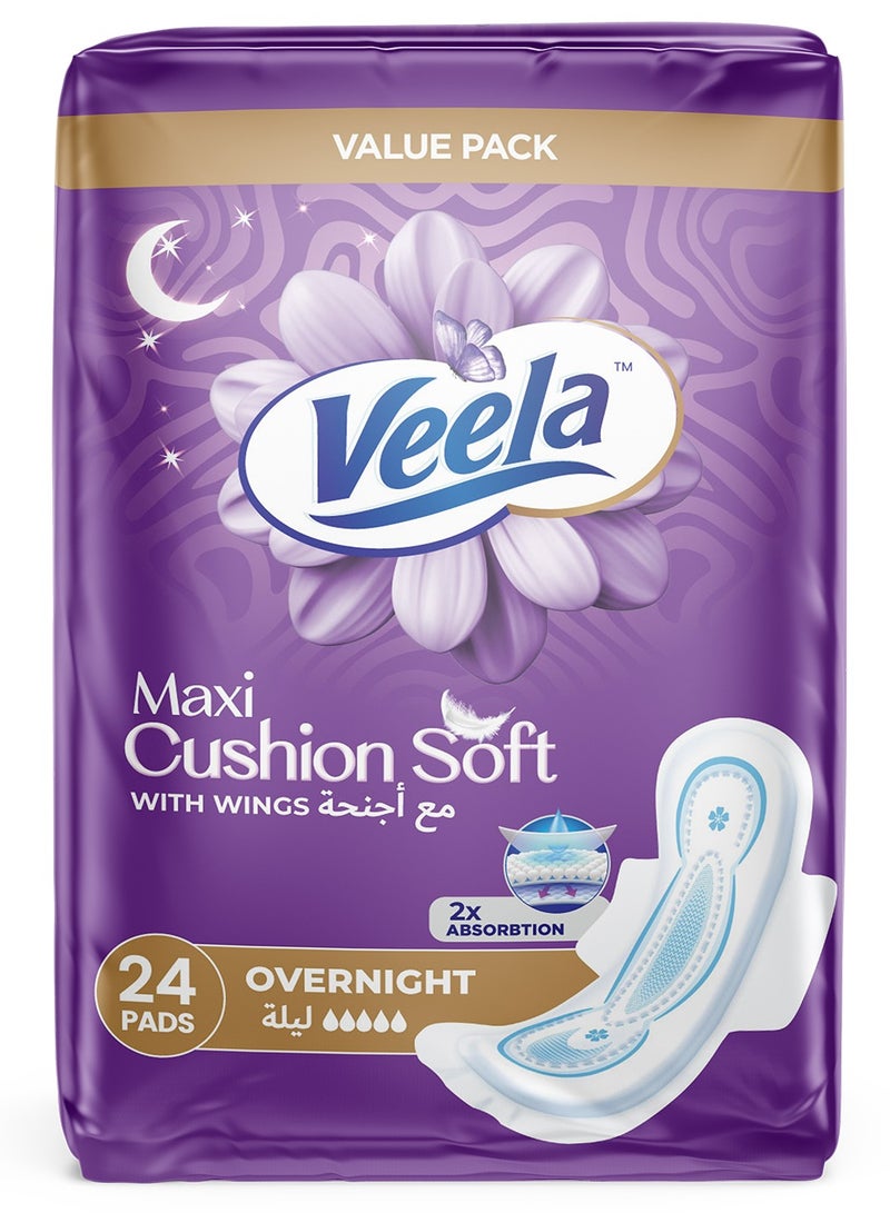 Veela Cushion Soft Maxi Pads for Women - Ultra-Soft, Breathable, and Leak-Proof Sanitary Napkins, Heavy Flow Feminine Hygiene Pads (OVERNIGHT, 24, count) - Image 1