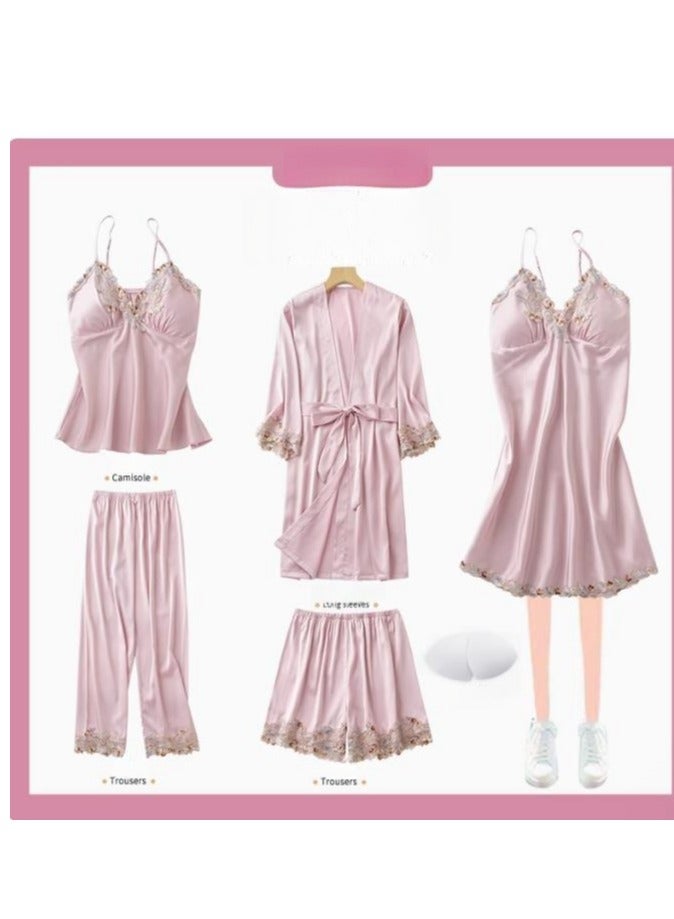 Pajama Women's Ice Silk Five Piece Set With High-End Feel And Chest Cushion Silk Home Suit Set - Image 1