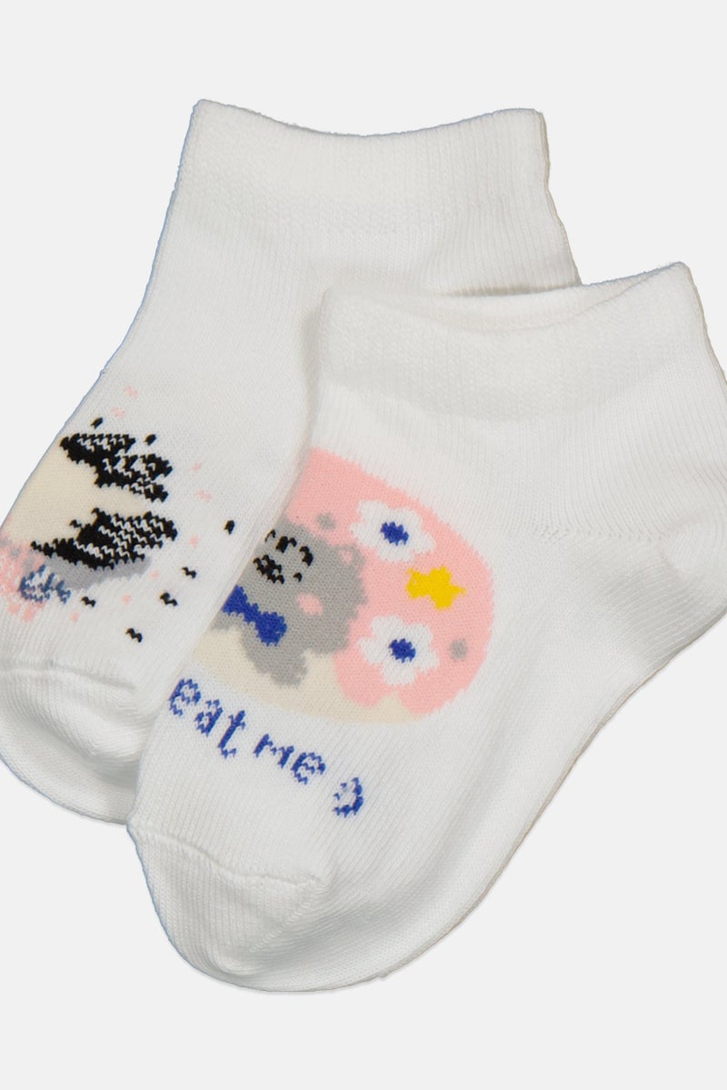 XOXO Kids Girl 3 Pairs Graphic Printed Ankle Socks, White Combo  - Image 2