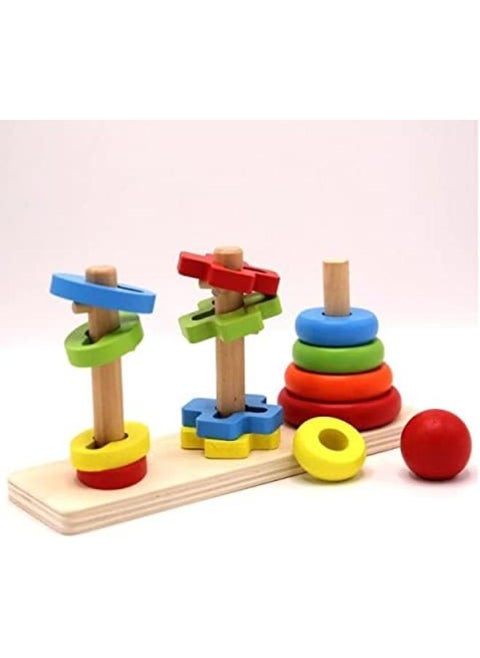 KanCai Wooden Rainbow Column Tower Stacking Rings Toy Classic Stacker Wooden Shape Color Recognition Sorting & Stacking Block Puzzle for 3-6 Year Olds