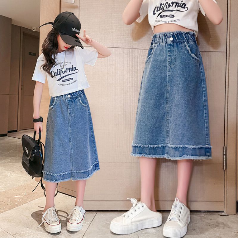 Girls' Frayed Denim Skirt 2023 Summer Middle And Big Children'S Japanese Mid-Length Skirt Girls' Denim Skirt - Image 5
