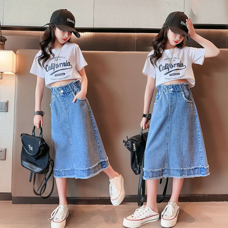 Girls' Frayed Denim Skirt 2023 Summer Middle And Big Children'S Japanese Mid-Length Skirt Girls' Denim Skirt - Image 4