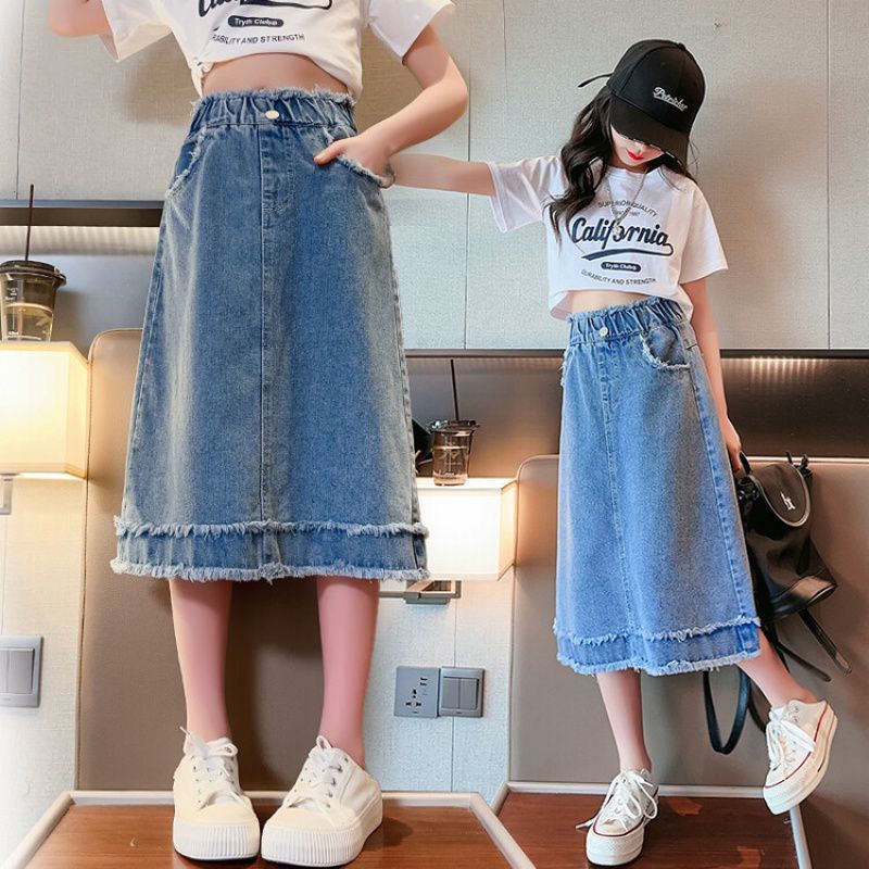Girls' Frayed Denim Skirt 2023 Summer Middle And Big Children'S Japanese Mid-Length Skirt Girls' Denim Skirt - Image 1