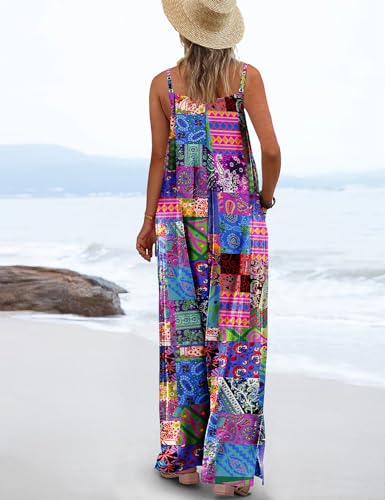 YESNO Women's Summer Boho Casual Jumpsuits Wide Leg Overalls Floral Print Baggy Rompers with Pockets 3XL PZZCR P002B - Image 3