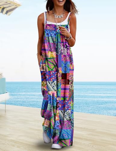 YESNO Women's Summer Boho Casual Jumpsuits Wide Leg Overalls Floral Print Baggy Rompers with Pockets 3XL PZZCR P002B - Image 2