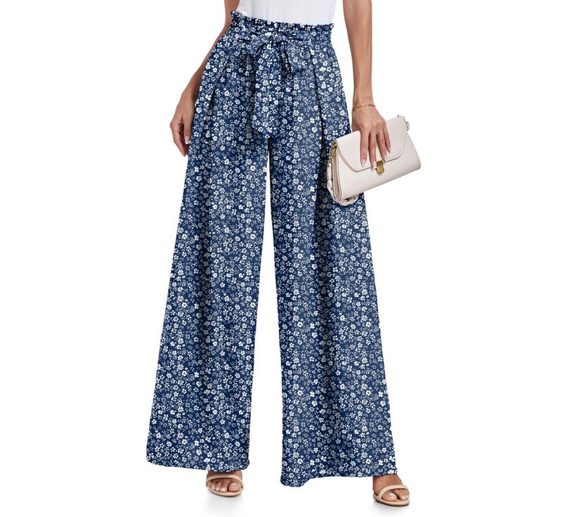 Lepunuo Women High Waisted Wide Leg Pants Summer Casual Flowy Lounge Palazzo Pants Floral Solid Beach Trousers - Image 1