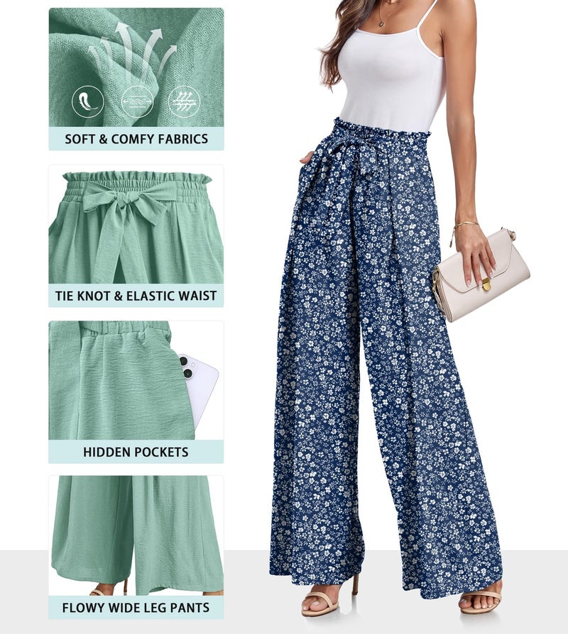 Lepunuo Women High Waisted Wide Leg Pants Summer Casual Flowy Lounge Palazzo Pants Floral Solid Beach Trousers - Image 3
