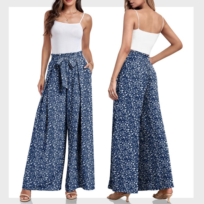 Lepunuo Women High Waisted Wide Leg Pants Summer Casual Flowy Lounge Palazzo Pants Floral Solid Beach Trousers - Image 5