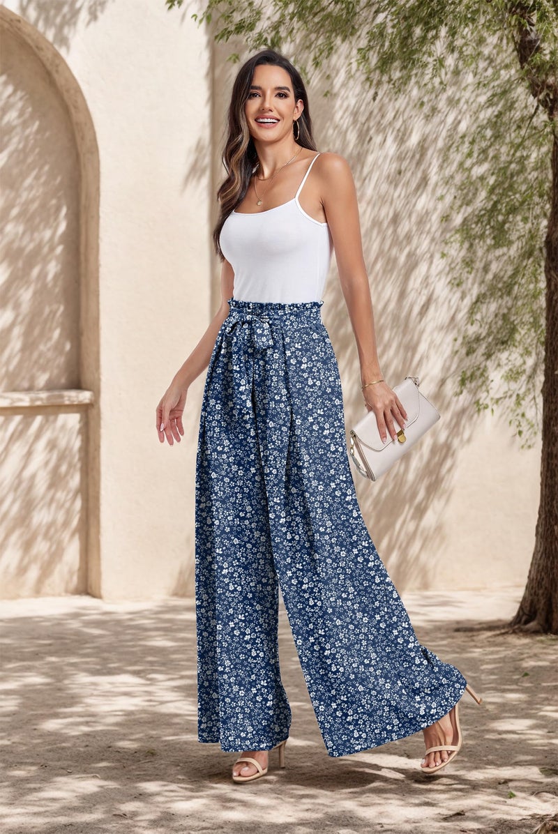 Lepunuo Women High Waisted Wide Leg Pants Summer Casual Flowy Lounge Palazzo Pants Floral Solid Beach Trousers - Image 2
