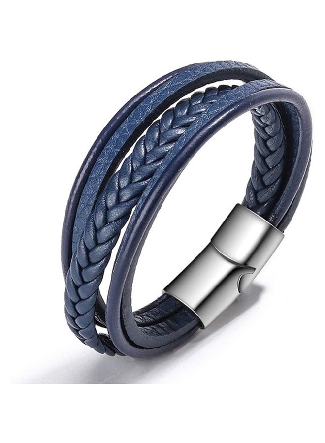 bracelet Classic Boho Style Blue Leather Bracelet with Multi Layer Braided Design and Stainless Steel Magnetic Clasp, 7.5 inches, Leather - Image 1