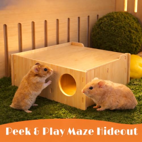 kcrygogo Hamster and Mouse Wooden Tunnel Cage Secret Peep Shed and Explore Hideout Flip Cover Design Hamster Play Tunnel - Image 3