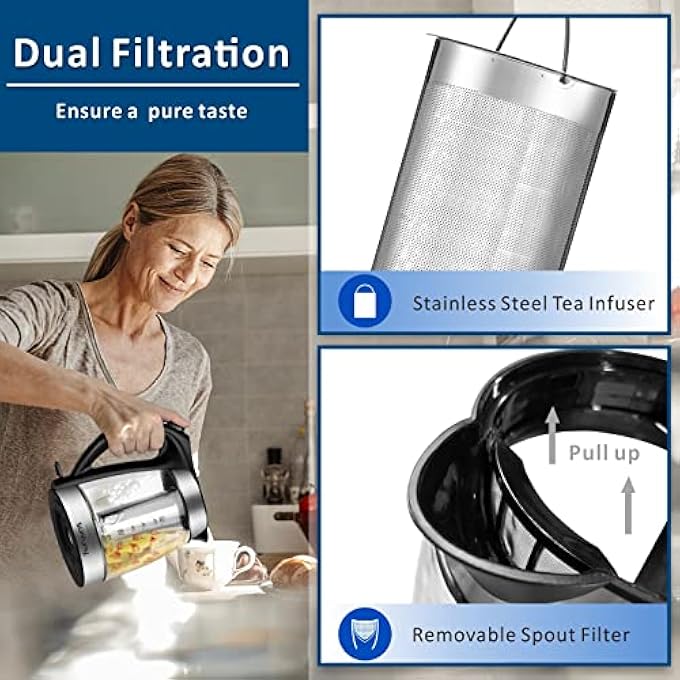 Sunfuny Electric Glass Water Kettle With Filter Tea Infuser 17Liter Cordless Tea Kettles 2200W Fast Boil Hot Water Boiler Heater Led Illuminated With Stainless Steel Lid Auto ShutOff For Home Gift - Image 3
