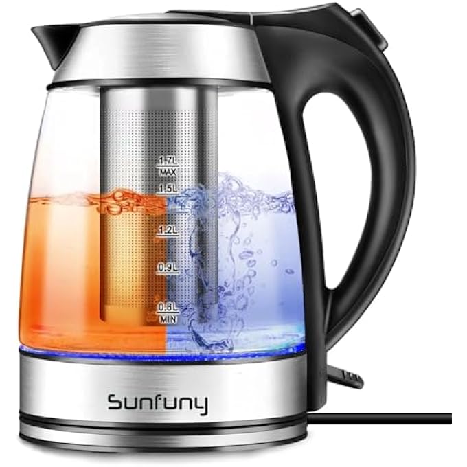 Sunfuny Electric Glass Water Kettle With Filter Tea Infuser 17Liter Cordless Tea Kettles 2200W Fast Boil Hot Water Boiler Heater Led Illuminated With Stainless Steel Lid Auto ShutOff For Home Gift - Image 1