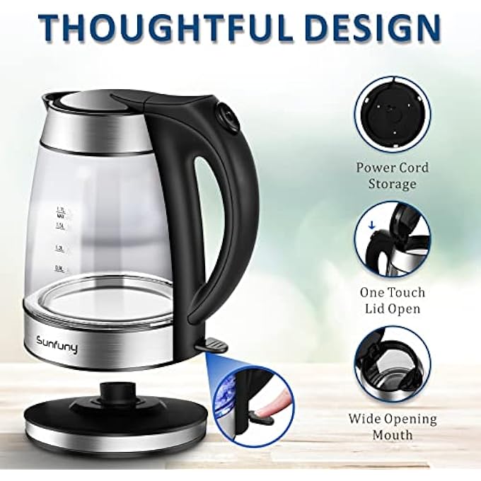 Sunfuny Electric Glass Water Kettle With Filter Tea Infuser 17Liter Cordless Tea Kettles 2200W Fast Boil Hot Water Boiler Heater Led Illuminated With Stainless Steel Lid Auto ShutOff For Home Gift - Image 5