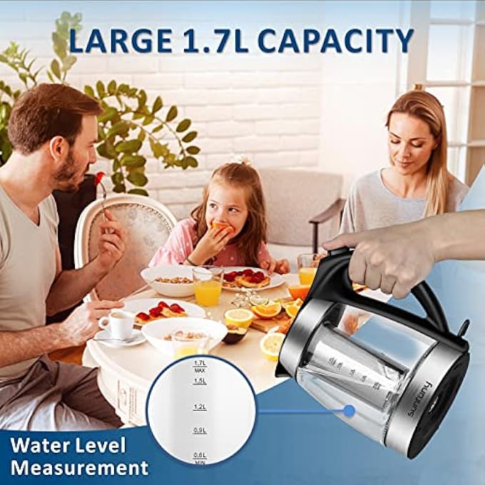 Sunfuny Electric Glass Water Kettle With Filter Tea Infuser 17Liter Cordless Tea Kettles 2200W Fast Boil Hot Water Boiler Heater Led Illuminated With Stainless Steel Lid Auto ShutOff For Home Gift - Image 2