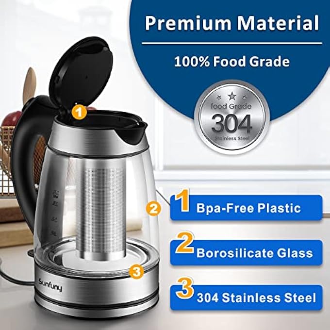 Sunfuny Electric Glass Water Kettle With Filter Tea Infuser 17Liter Cordless Tea Kettles 2200W Fast Boil Hot Water Boiler Heater Led Illuminated With Stainless Steel Lid Auto ShutOff For Home Gift - Image 4