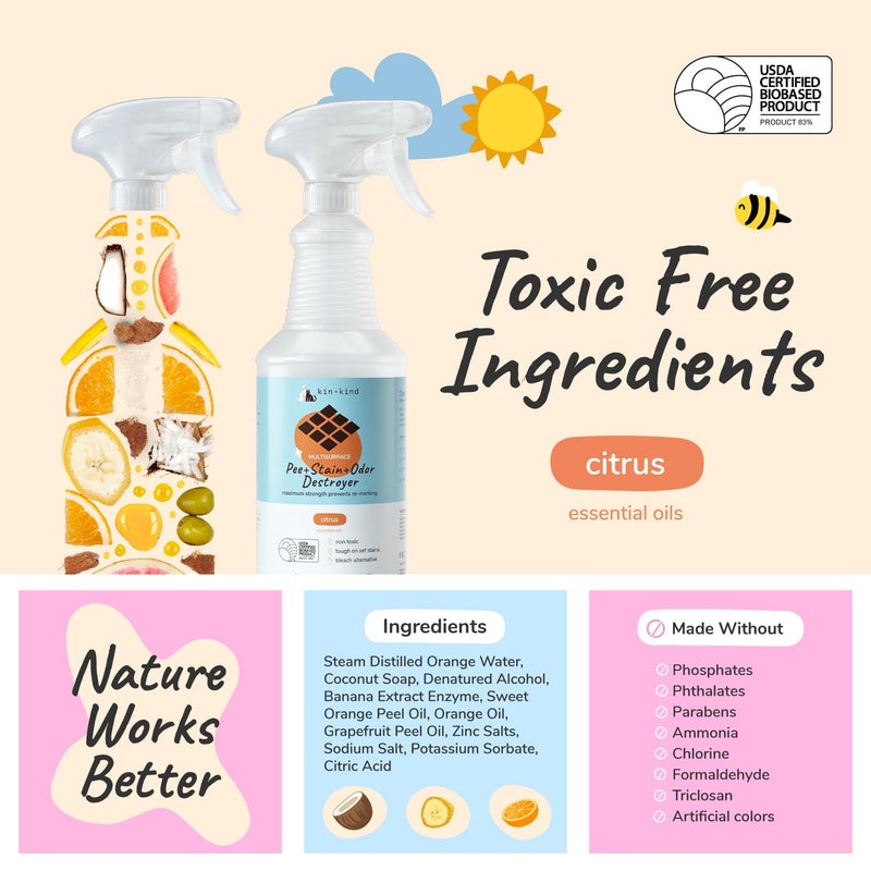 kin+kind Pet Odor Eliminator for Home - Litter Deodorizer, Pet Urine Odor Eliminator Spray and Stain Remover Spray for Harwood Floods, Carpet and Fabric - Pee, Odor and Stain Destroyer 32 fl oz - Image 4