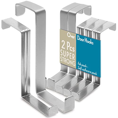 4smile Over The Door Hooks, 3 + 2 Pack - 2-Sided Stainless Steel Coat Hanger Fits Door 1 3/8" & 1 3/4", Towel Holder with Anti-Scratch & Anti-Slip Pads - Hooks for Hanging for Daily Use, Wreath Hanger - Image 1