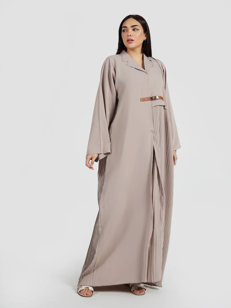 Reem Abayas Taupe Pleated Panel Abaya with Leather Buckle Detail