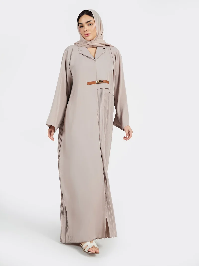 Reem Abayas Taupe Pleated Panel Abaya with Leather Buckle Detail