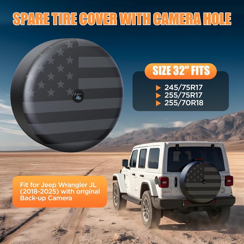 Moonet Tire Cover with Camera Hole, for Jeep Wrangler JL with Back-up Camera, Sport & Sahara (2018-2025) Grey Flag, Fits 245/75R17, 255/75R17, 255/70R18 - Image 2