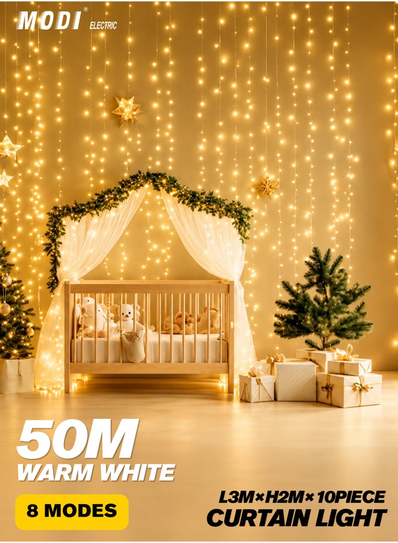 MODI 3x2M Warm White Curtain String Lights For Ramadan Decoration – 150 LED Fairy Lights, IP44 Waterproof, Indoor/Outdoor Decoration for Christmas, Weddings, Bedroom, Ramadan, Diwali, and Holiday Décor - Image 1