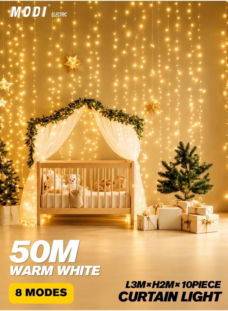 MODI 3x2M Warm White Curtain String Lights For Ramadan Decoration – 150 LED Fairy Lights, IP44 Waterproof, Indoor/Outdoor Decoration for Christmas, Weddings, Bedroom, Ramadan, Diwali, and Holiday Décor - Image 2