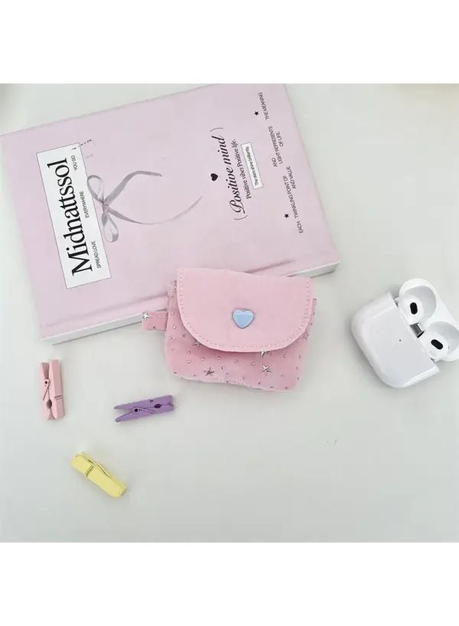 Mini Earphone Storage Bag Snap Button Closure Cute Pastel Pink Blue Sequin Stars Style 03 - Image 1