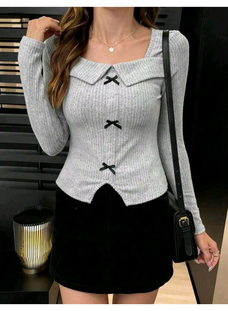 شي إن بلوفر نسائي أنيق من شي ان المخمل بعقدة فيونكة، تصميم عصري، متعدد الاستخدامات، بقصة ضيقة وأكمام طويلة - Image 1