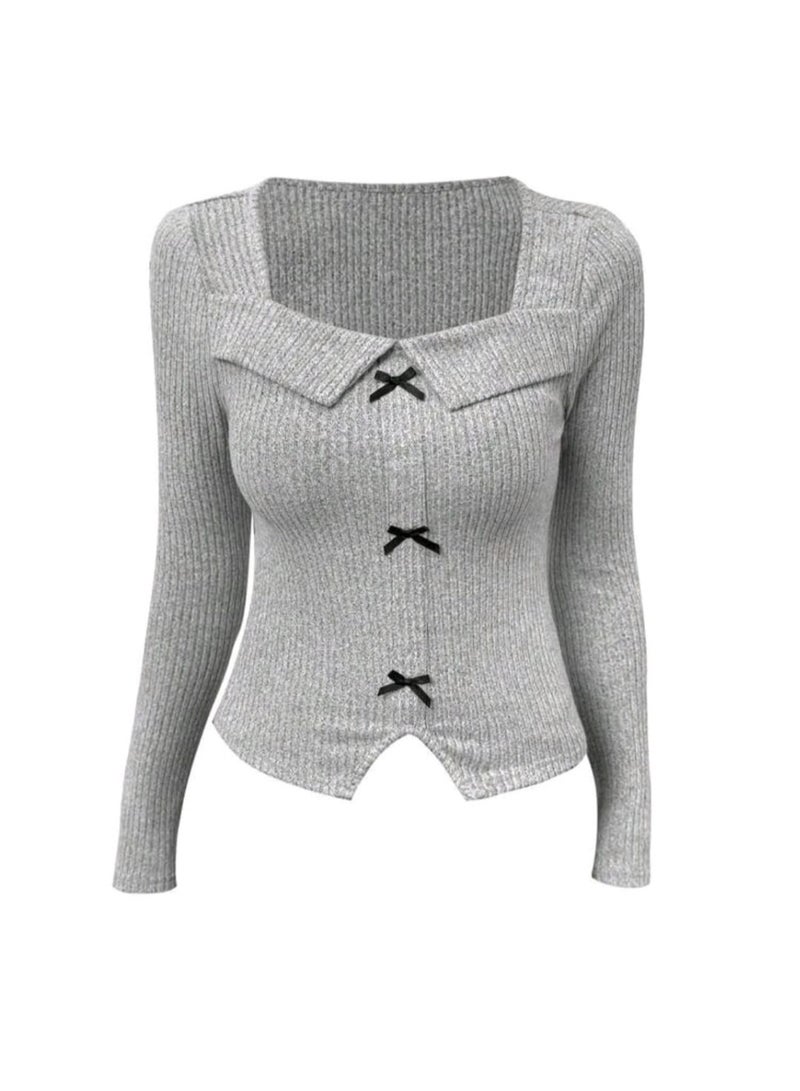 شي إن بلوفر نسائي أنيق من شي ان المخمل بعقدة فيونكة، تصميم عصري، متعدد الاستخدامات، بقصة ضيقة وأكمام طويلة - Image 4