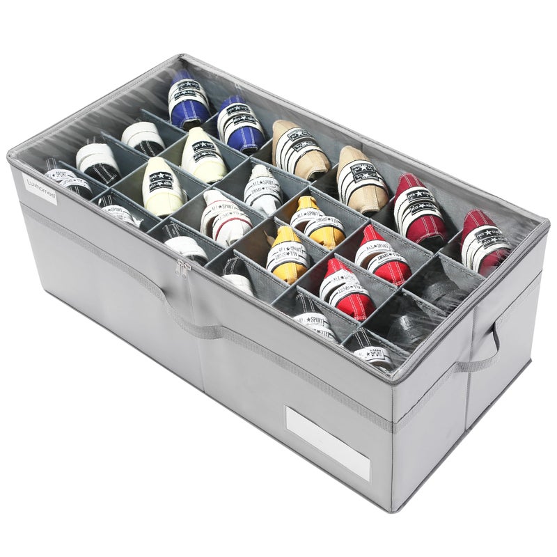 LUVHOMEE Shoe Organizer for Closet Fits 24 Pairs Large Shoe Box Storage Containers Clear Foldable Shoe Storage Bins wBottom Support Space Saving Closet Shoes Holder wReinforced Handles Gray