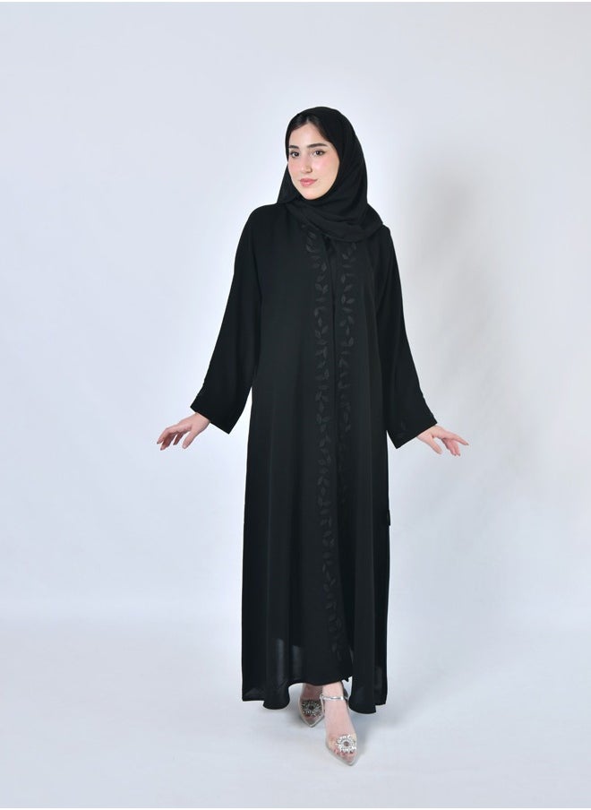 عبايات حوراء - عباية لف سوداء بتطريز اسود ورقي مع طرحه طقم - Image 1