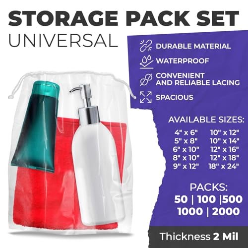 APQ Supply Clear Drawstring Bag, 10 x 12 Inches. Pack of 100 Clear Plastic Drawstring Bags. Waterproof 2 Mil Polyethylene Travel Bags for Shoes. Transparent Draw String Bag for Cosmetics, Toiletries - Image 2