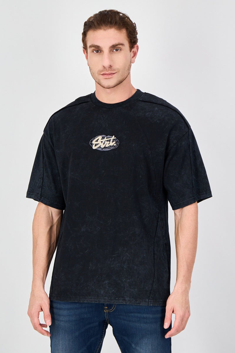 Ketch Men Crew Neck Short Sleeve Embroidered T-Shirt, Black - Image 1