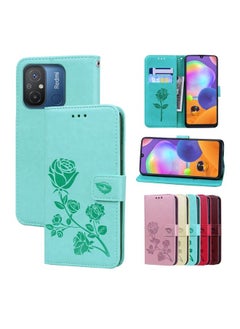HuHa Case Cover For Xiaomi Redmi 12C/11A 4G Global/Poco C55 Rose Embossed Flip PU Leather Phone Case Green 