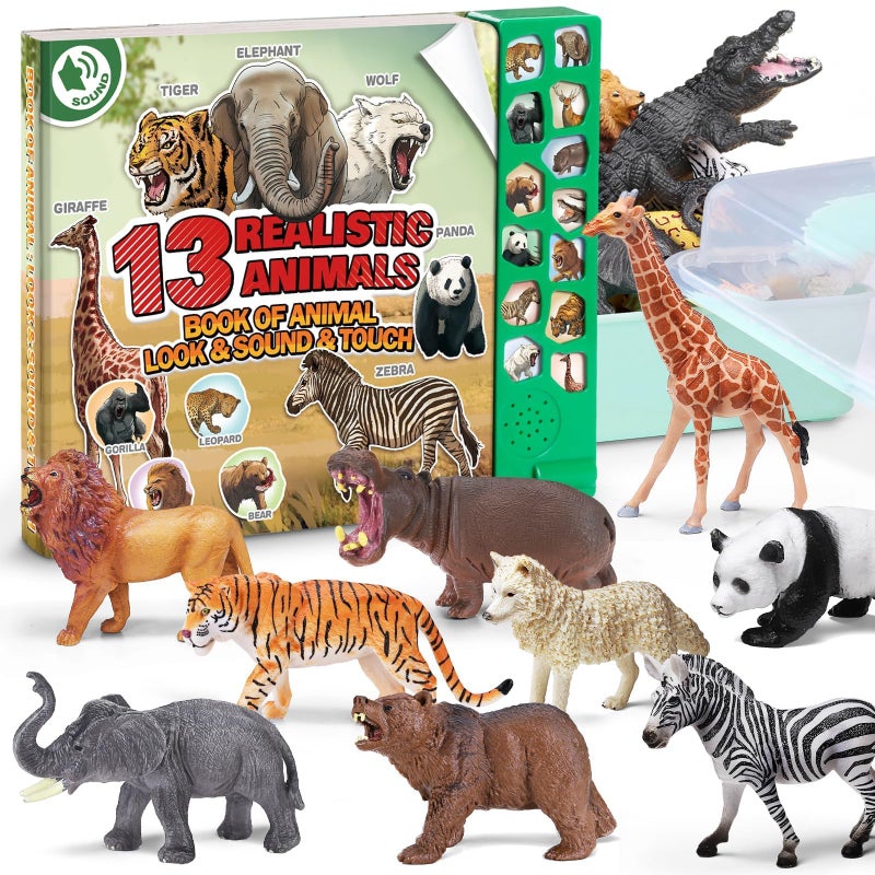 Yeonhatoys 13 Realistic Wild Animal Figures with Sound Book Storage Box Plastic Safari Animal figurines for Toddler Educational Zoo Animal Model Toy Jungle Party Favor Birthday Gifts for Kids Boys Girls 3 - Image 3