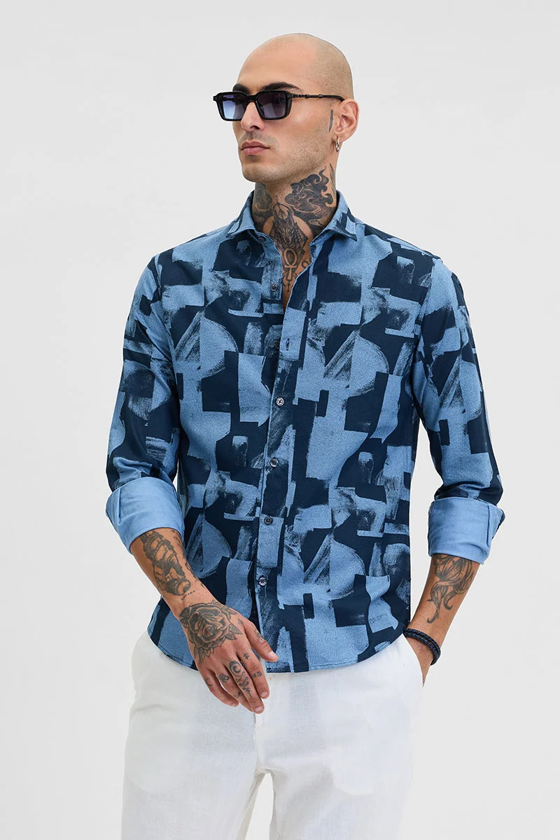 SNITCH Dark Blue Abstract Slim Fit Shirt
