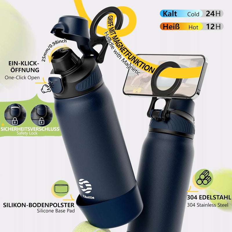 Fjbottle Thermal Water Bottle with Straw, Magnetic Handle Phone Holder + Double Drinking System Sports Bottle 1L/700/600ml – 1-Click Opening/BPA-Free/Leak-Free for Gym, Yoga - Image 4