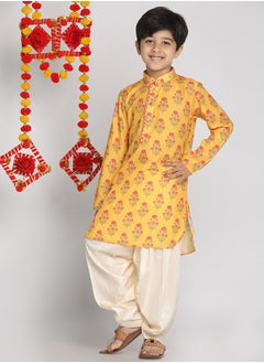 Boys' Multicolor-Base-Mustard And Cream Kurta Patiala Set