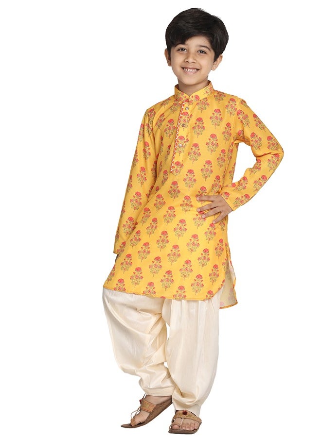 PRASHA - Boys' Multicolor-Base-Mustard And Cream Kurta Patiala Set - Image 1