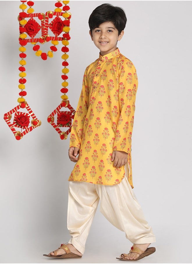 PRASHA - Boys' Multicolor-Base-Mustard And Cream Kurta Patiala Set - Image 1
