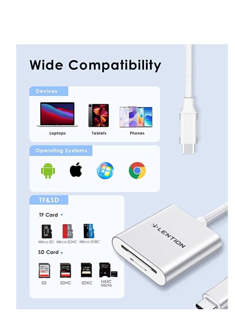 Lention - USB C to SD Micro SD Card Reader Type C SD 3.0 Card Adapter Compatible 2021 2016 MacBook Pro 13 15 16 New Mac Air iPad Surface Chromebook More Stable Driver Certified CB C8 Silver - Image 1