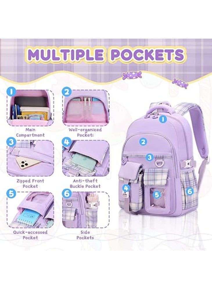 يلا جوي حقيبة ظهر مدرسية للبنات، سعة كبيرة، خفيفة الوزن، مع جيوب عملية، مقاومة للماء، مع دعم مريح، مناسبة لطلاب المرحلة الابتدائية والمتوسطة، من سن 6 سنوات فما فوق (بنفسجي) - Image 3