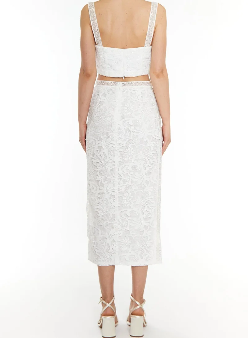 ترو ديكادينس Celine Co-ord White Lace Trim Pencil Midi Skirt