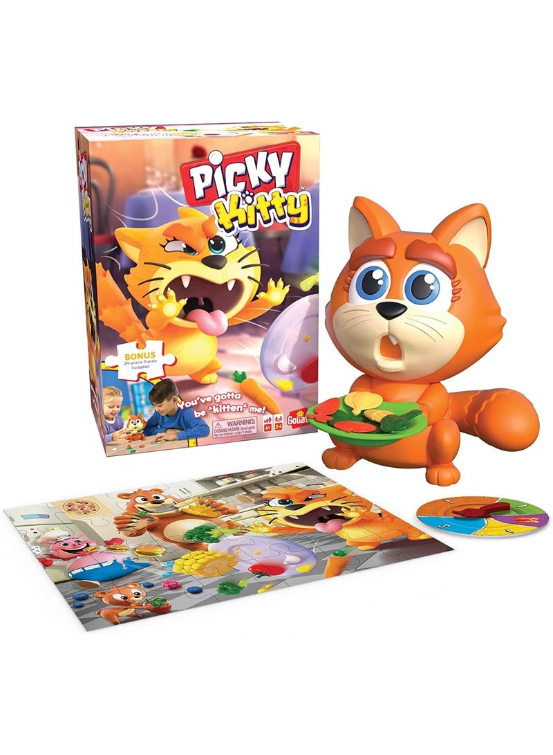 Goliath Picky Kitty, Feed The Kitty His Veggies Before He Flips His Plate Game, Includes 24 Pcs Puzzle Inside, 2-4 Players Interative Fun Games For Kids Age 4+ Years - 331434 - Image 1