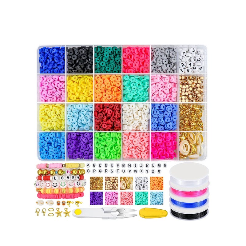 SOLARAE Clay Beads for Bracelet Making 6mm Flat Round Polymer Clay Heishi Beads with Pendant Charms Kit Letter Beads and Elastic Strings for DIY Bracelets Necklace Jewelry Making - Image 1