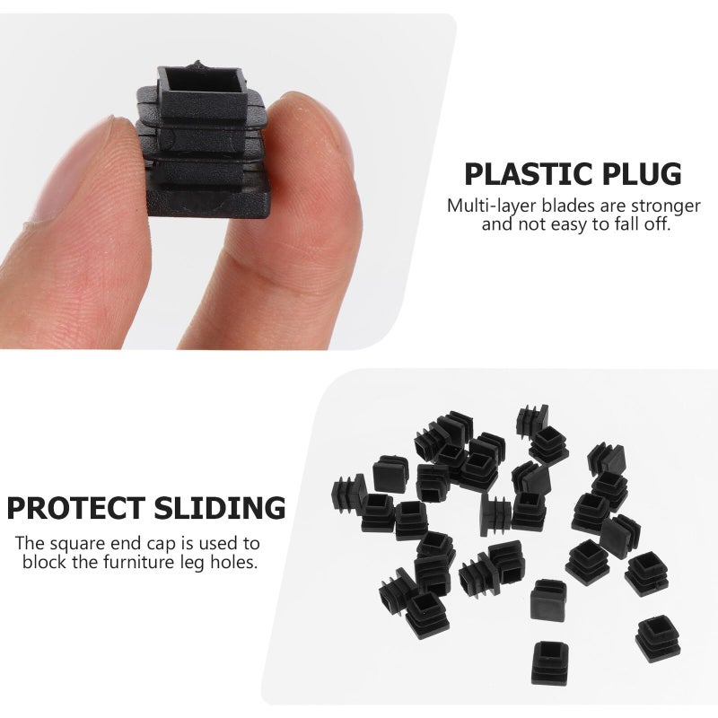 Black Square Plastic Furniture Leg Inserts 30pcs 15x15mm Tubing Pipe Covers - Image 4
