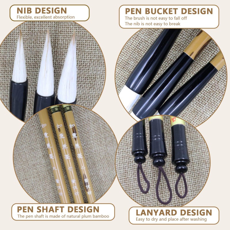 Huakaile 3 Sizes Chinese Calligraphy Brush Set, Chinese Writing Brushes, Painting Brushes with Bamboo Pen Holder, Traditional Art Sumi Brush (Large, Medium, Small Size) - Image 3