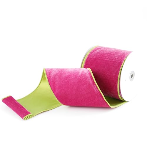 MAYREEL 4 Inch TwoTone Hot Pink and Lime Green Reversible French Velvet Wired Edge Ribbon for Christmas Tree Gift Wrapping Decorations Double Faced Design 10 Yards - Image 1