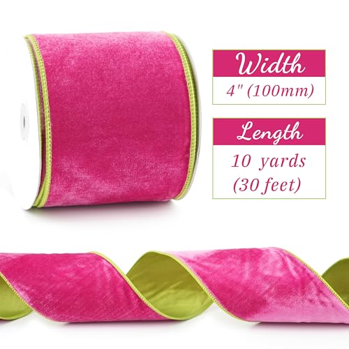 MAYREEL 4 Inch TwoTone Hot Pink and Lime Green Reversible French Velvet Wired Edge Ribbon for Christmas Tree Gift Wrapping Decorations Double Faced Design 10 Yards - Image 3